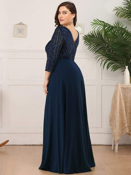 Women's Sleek Plus Size V-Neck Sequin A-Line Formal Evening Gown with 3/4 Sleeves