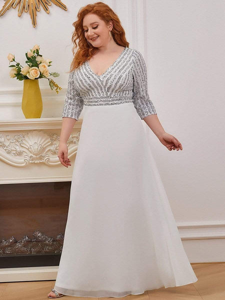Women's Sleek Plus Size V-Neck Sequin A-Line Formal Evening Gown with 3/4 Sleeves