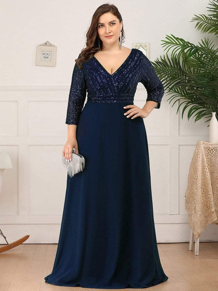 Women's Sleek Plus Size V-Neck Sequin A-Line Formal Evening Gown with 3/4 Sleeves