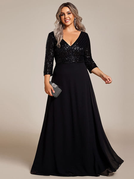 Women's Sleek Plus Size V-Neck Sequin A-Line Formal Evening Gown with 3/4 Sleeves