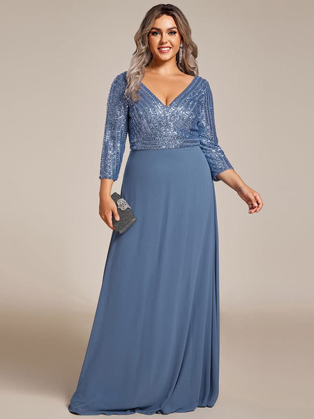 Women's Sleek Plus Size V-Neck Sequin A-Line Formal Evening Gown with 3/4 Sleeves