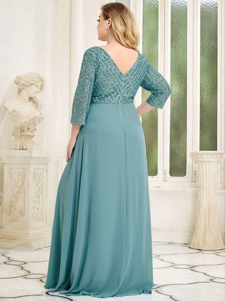 Women's Sleek Plus Size V-Neck Sequin A-Line Formal Evening Gown with 3/4 Sleeves