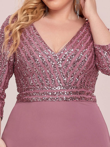 Women's Sleek Plus Size V-Neck Sequin A-Line Formal Evening Gown with 3/4 Sleeves