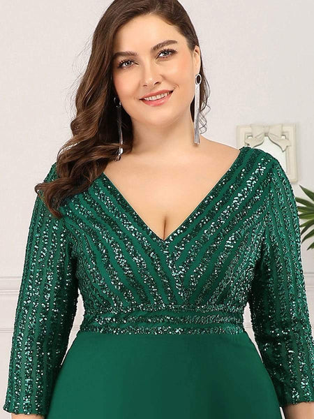 Women's Sleek Plus Size V-Neck Sequin A-Line Formal Evening Gown with 3/4 Sleeves