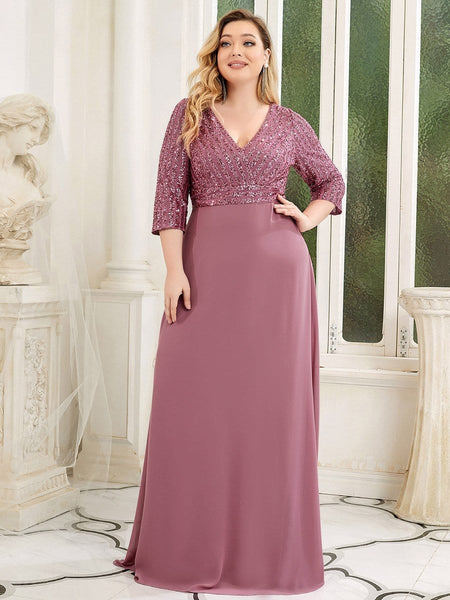 Women's Sleek Plus Size V-Neck Sequin A-Line Formal Evening Gown with 3/4 Sleeves