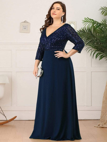 Women's Sleek Plus Size V-Neck Sequin A-Line Formal Evening Gown with 3/4 Sleeves