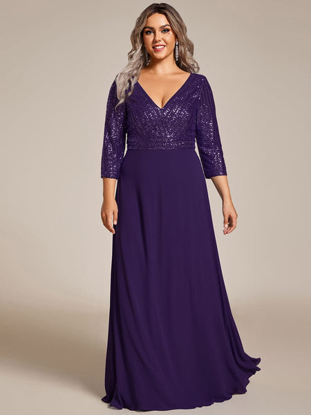 Women's Sleek Plus Size V-Neck Sequin A-Line Formal Evening Gown with 3/4 Sleeves