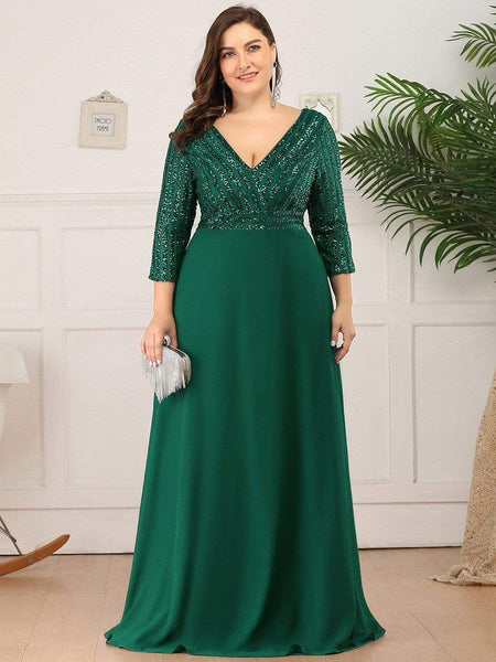 Women's Sleek Plus Size V-Neck Sequin A-Line Formal Evening Gown with 3/4 Sleeves