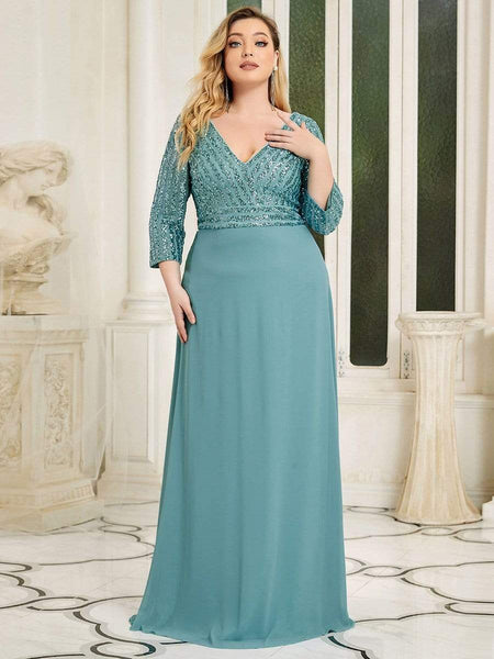 Women's Sleek Plus Size V-Neck Sequin A-Line Formal Evening Gown with 3/4 Sleeves