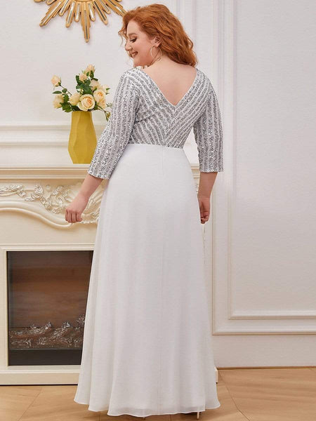 Women's Sleek Plus Size V-Neck Sequin A-Line Formal Evening Gown with 3/4 Sleeves
