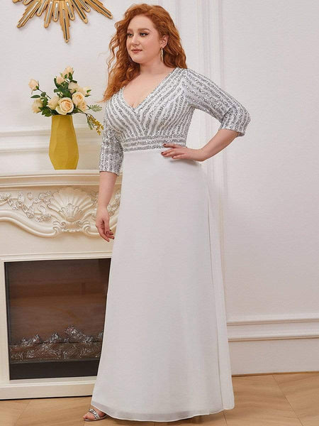 Women's Sleek Plus Size V-Neck Sequin A-Line Formal Evening Gown with 3/4 Sleeves