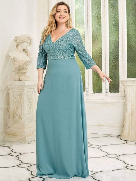 Women's Sleek Plus Size V-Neck Sequin A-Line Formal Evening Gown with 3/4 Sleeves