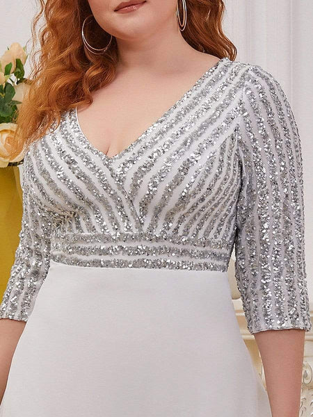 Women's Sleek Plus Size V-Neck Sequin A-Line Formal Evening Gown with 3/4 Sleeves