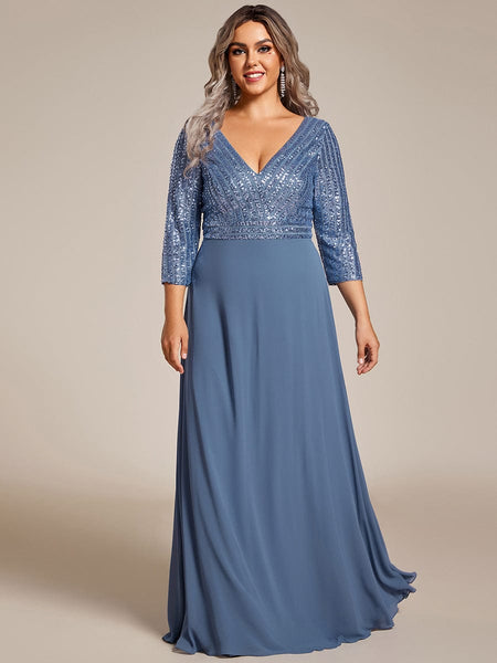 Women's Sleek Plus Size V-Neck Sequin A-Line Formal Evening Gown with 3/4 Sleeves