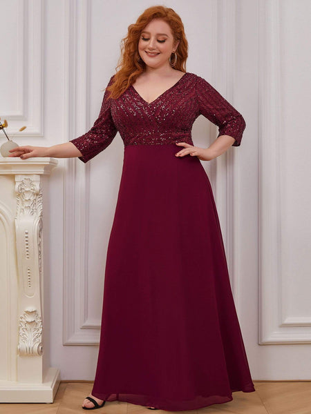 Women's Sleek Plus Size V-Neck Sequin A-Line Formal Evening Gown with 3/4 Sleeves