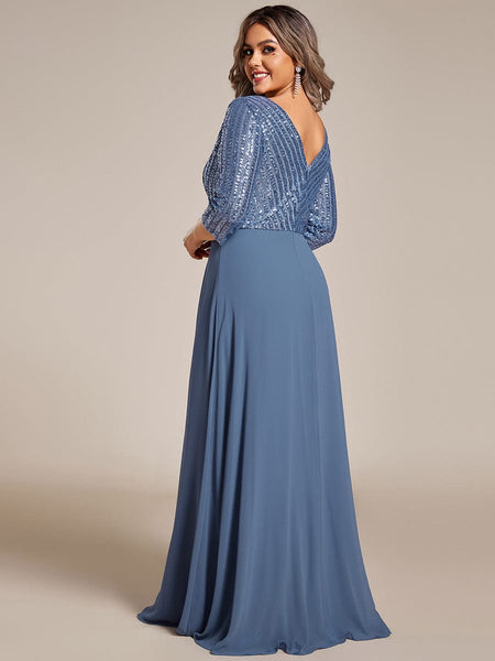 Women's Sleek Plus Size V-Neck Sequin A-Line Formal Evening Gown with 3/4 Sleeves