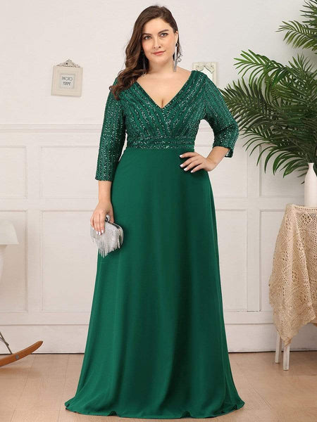Women's Sleek Plus Size V-Neck Sequin A-Line Formal Evening Gown with 3/4 Sleeves