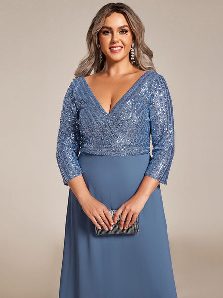 Women's Sleek Plus Size V-Neck Sequin A-Line Formal Evening Gown with 3/4 Sleeves