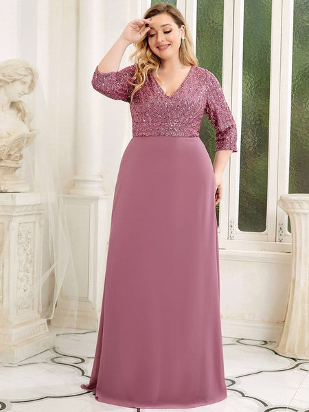 Women's Sleek Plus Size V-Neck Sequin A-Line Formal Evening Gown with 3/4 Sleeves