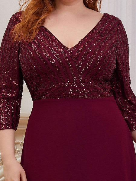 Women's Sleek Plus Size V-Neck Sequin A-Line Formal Evening Gown with 3/4 Sleeves