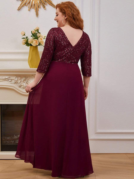 Women's Sleek Plus Size V-Neck Sequin A-Line Formal Evening Gown with 3/4 Sleeves