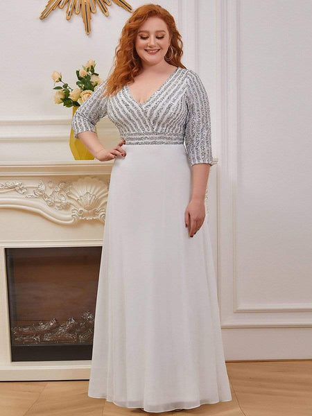 Women's Sleek Plus Size V-Neck Sequin A-Line Formal Evening Gown with 3/4 Sleeves