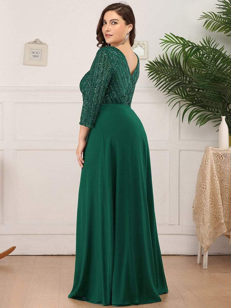Women's Sleek Plus Size V-Neck Sequin A-Line Formal Evening Gown with 3/4 Sleeves