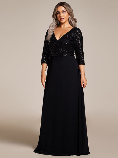 Women's Sleek Plus Size V-Neck Sequin A-Line Formal Evening Gown with 3/4 Sleeves