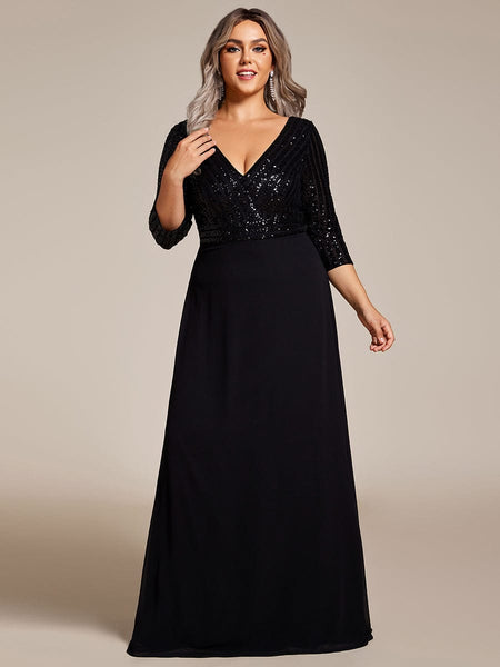 Women's Sleek Plus Size V-Neck Sequin A-Line Formal Evening Gown with 3/4 Sleeves