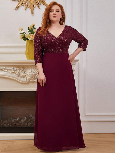 Women's Sleek Plus Size V-Neck Sequin A-Line Formal Evening Gown with 3/4 Sleeves