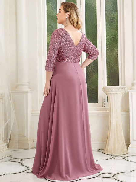 Women's Sleek Plus Size V-Neck Sequin A-Line Formal Evening Gown with 3/4 Sleeves