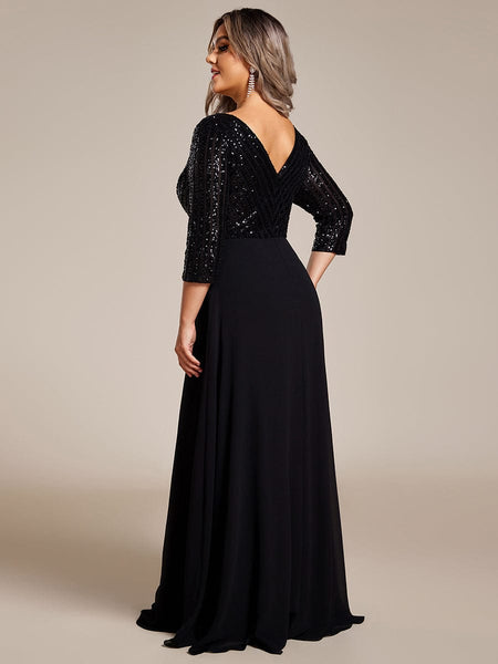 Women's Sleek Plus Size V-Neck Sequin A-Line Formal Evening Gown with 3/4 Sleeves