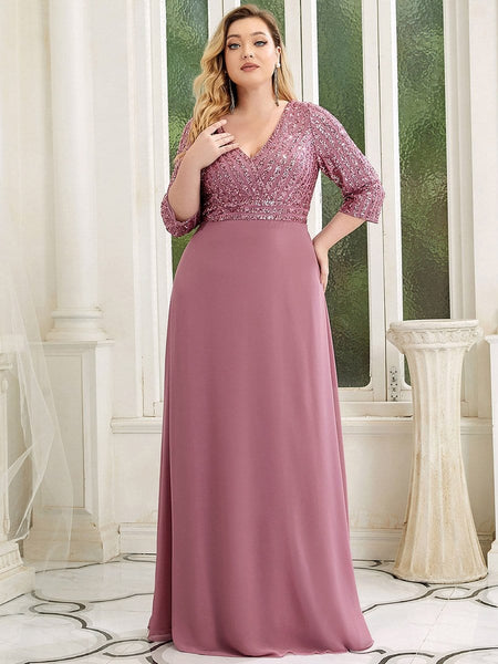 Women's Sleek Plus Size V-Neck Sequin A-Line Formal Evening Gown with 3/4 Sleeves