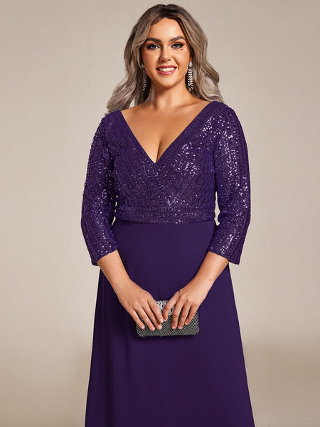 Women's Sleek Plus Size V-Neck Sequin A-Line Formal Evening Gown with 3/4 Sleeves