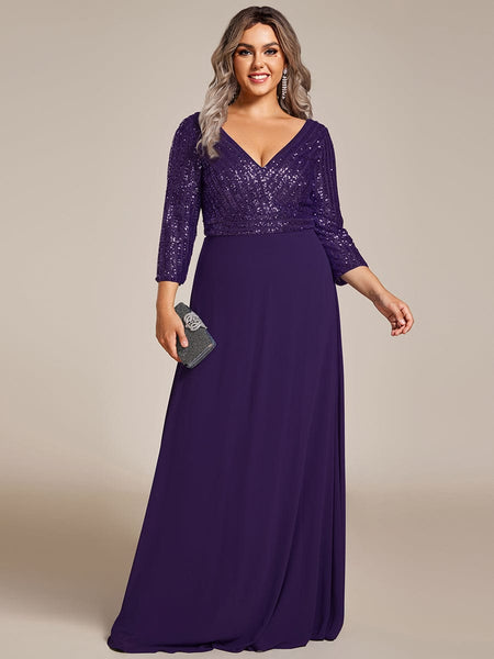 Women's Sleek Plus Size V-Neck Sequin A-Line Formal Evening Gown with 3/4 Sleeves