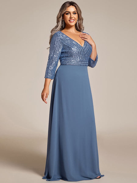 Women's Sleek Plus Size V-Neck Sequin A-Line Formal Evening Gown with 3/4 Sleeves