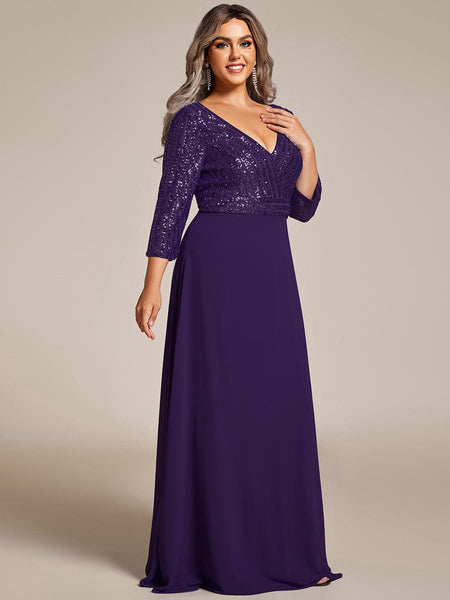 Women's Sleek Plus Size V-Neck Sequin A-Line Formal Evening Gown with 3/4 Sleeves