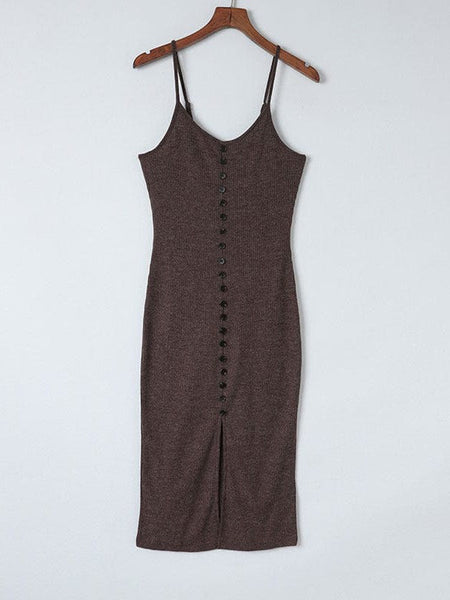 Sling Knit Slit Casual Solid Color Midi Dress