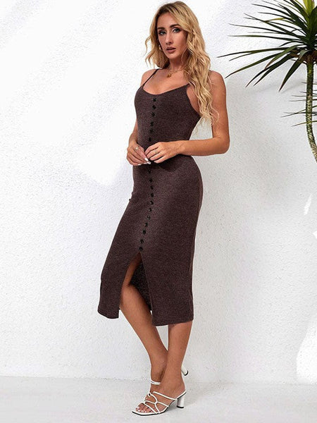 Sling Knit Slit Casual Solid Color Midi Dress