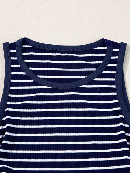 Slim Fit Blue Striped Sleeveless Round Neck Top with Contrast Details