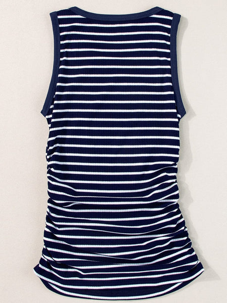 Slim Fit Blue Striped Sleeveless Round Neck Top with Contrast Details