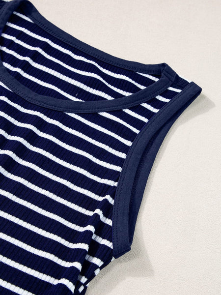 Slim Fit Blue Striped Sleeveless Round Neck Top with Contrast Details