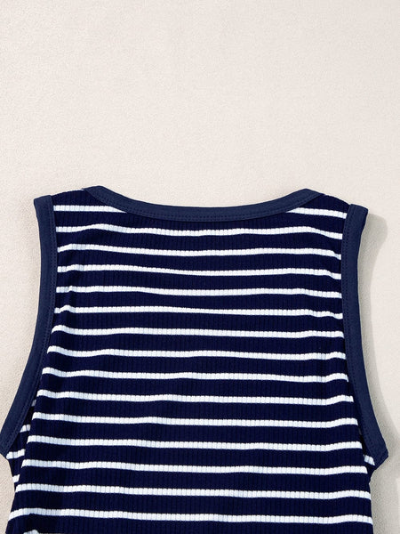 Slim Fit Blue Striped Sleeveless Round Neck Top with Contrast Details