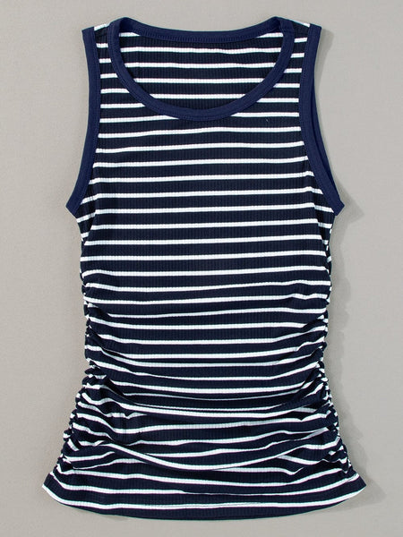 Slim Fit Blue Striped Sleeveless Round Neck Top with Contrast Details