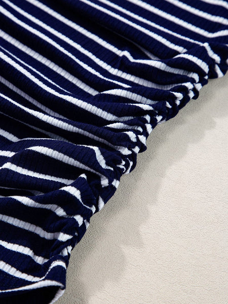 Slim Fit Blue Striped Sleeveless Round Neck Top with Contrast Details