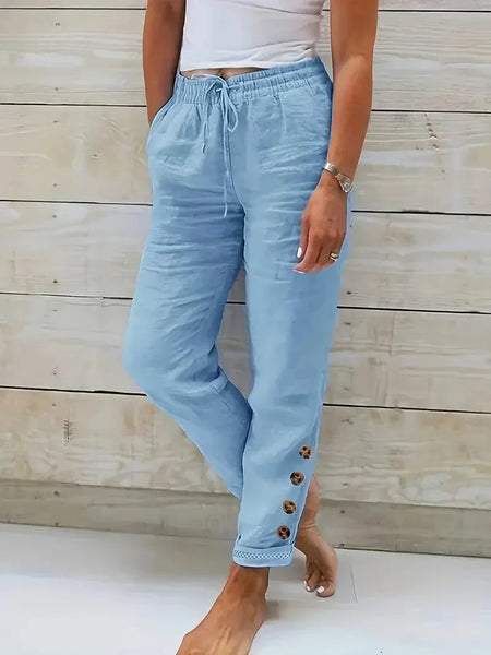 Slim Fit Cotton Women's Pants with Drawstring Waist and Slant Pockets
