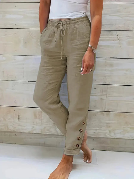 Slim Fit Cotton Women's Pants with Drawstring Waist and Slant Pockets