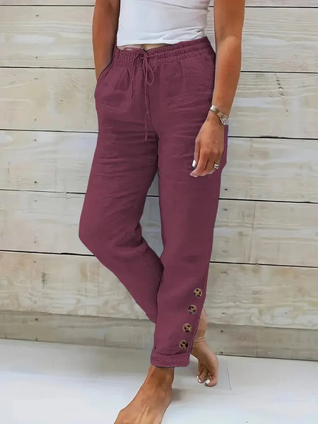 Slim Fit Cotton Women's Pants with Drawstring Waist and Slant Pockets
