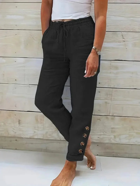 Slim Fit Cotton Women's Pants with Drawstring Waist and Slant Pockets