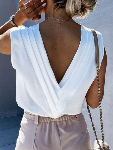 Casual Solid Ruched V-Neck Sleeveless Blouse